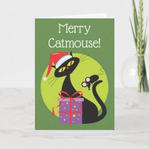Cartão De Festividades Gato Preto do Natal Retrô Rato Preto