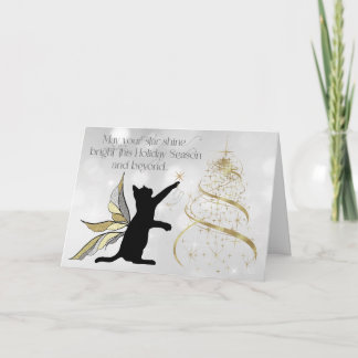 Cartão De Festividades Gato Preto e Árvore Dourada Decorativa