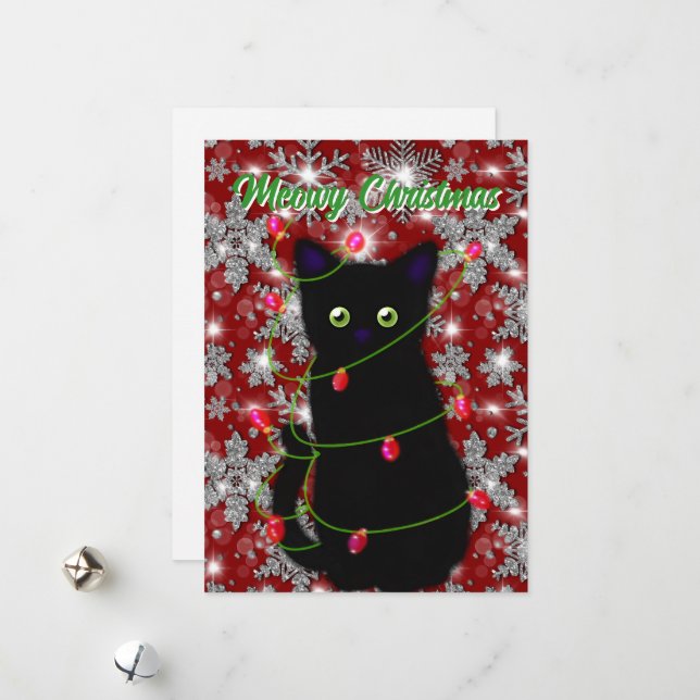 Cartão De Festividades Gato preto e bonito Feliz Natal (Frente/Verso In Situ)