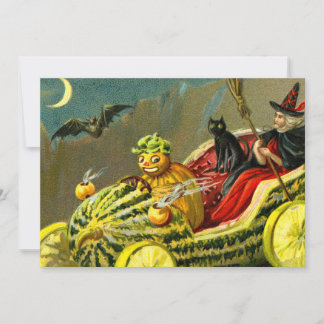Cartão De Festividades Gato Preto e Bruxa de Halloween Vintage
