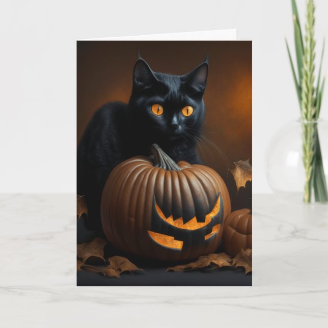Cartão De Festividades Gato Preto e Jack-O-Lantern (Frente)