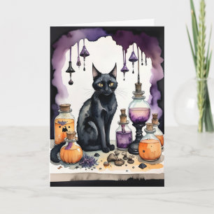 Cartão De Festividades Gato Preto e Poções de Halloween