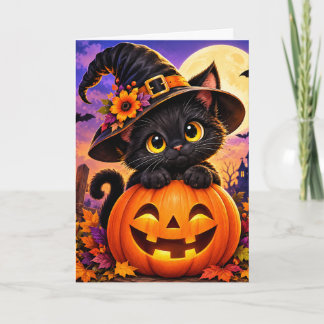 Cartão De Festividades Gato Preto Fofo Abóbora de Halloween Bruxa Chapéu