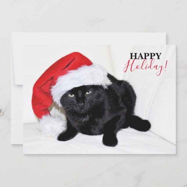 Cartão De Festividades Gato Preto Fofo com Chapéu de Papai Noel (Frente)