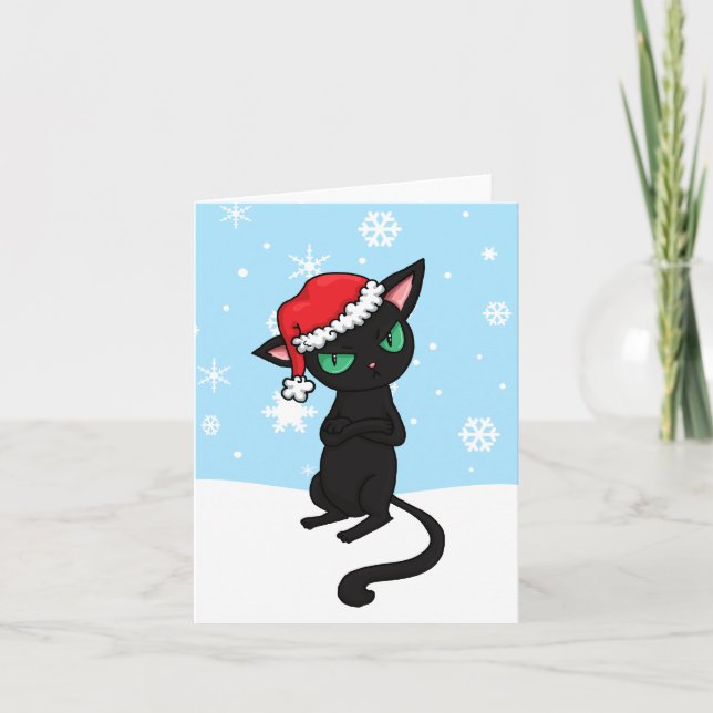 Cartão De Festividades Gato Preto Grumpy vestindo Papai Noel (Frente)
