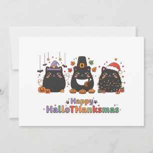 Cartão De Festividades Gato Preto Kawaii Feliz HalloTHanksmas Único
