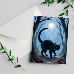 Cartão De Festividades Gato Preto Lua de Halloween Aquarela