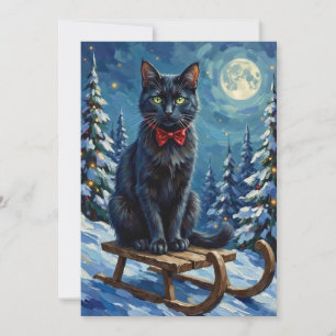 Cartão De Festividades Gato Preto Místico Enfeitiçado Trenó de Inverno Na