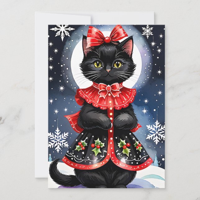 Cartão De Festividades Gato Preto na roupa de Natal (Frente)