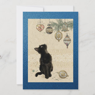 Cartão De Festividades Gato Preto Vintage Azul Brilhante Olhando Para Enf