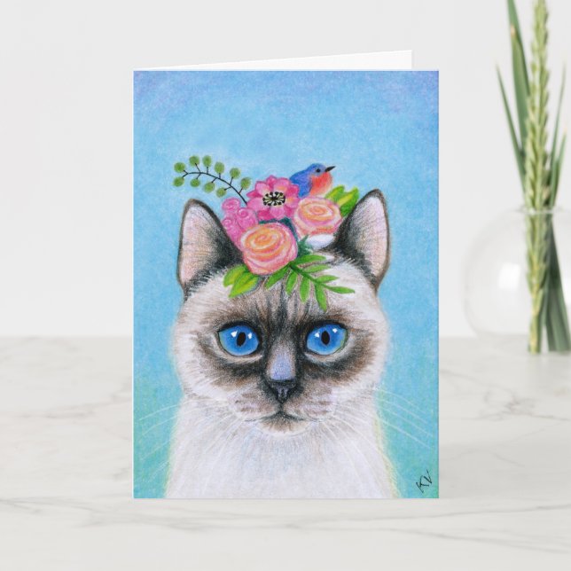 Cartão De Festividades Gato Siamese bonito com chapéu da flor (Frente)