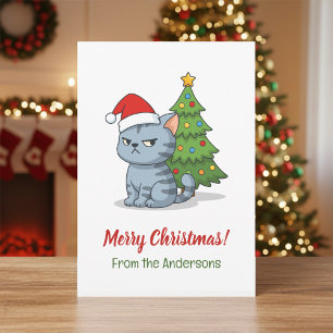 Cartão De Festividades Gato Tabby Cinza Mal-Humorado Chapéu Vermelho Árvo