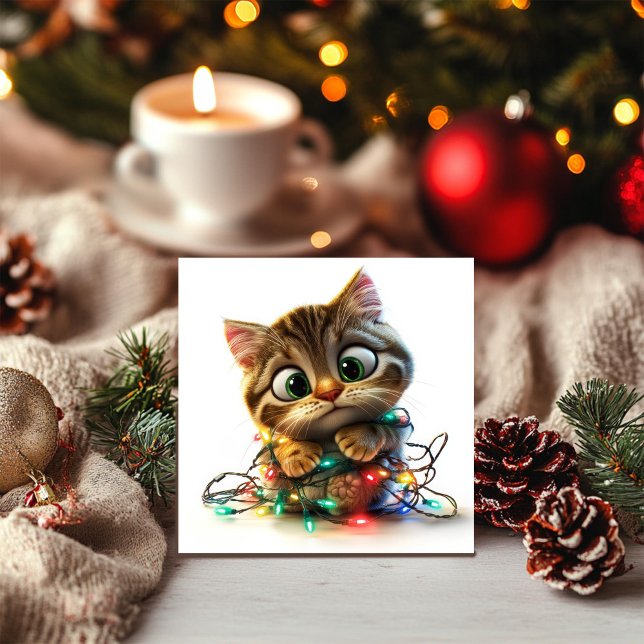 Cartão De Festividades Gato Tabby Festivo Confuso com Luzes de Natal (Criador carregado)