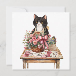 Cartão De Festividades Gato tuxedo arranjando flor Dia das Mães