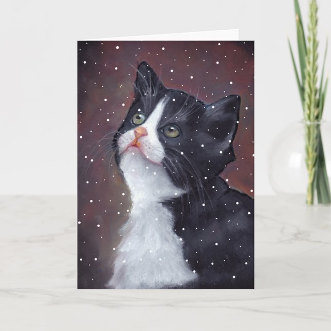 Cartão De Festividades Gato Tuxedo Olhando Para Cima Para Flocos de Neve, (Frente)
