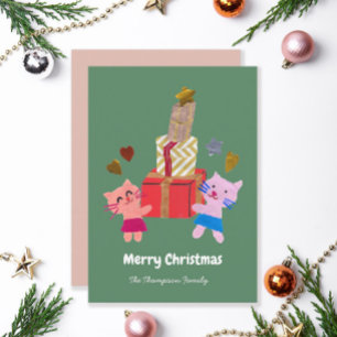 Cartão De Festividades Gatos Adoráveis com Presente Musgo Verde Natal