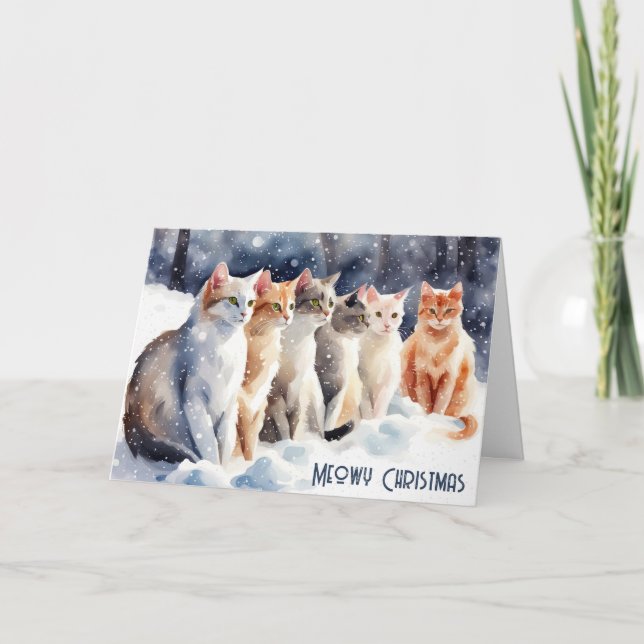 Cartão De Festividades Gatos De Natal Com Aquarela Em Flocos De Neve (Frente)