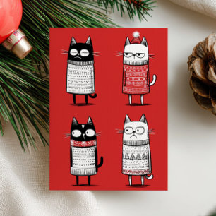 Cartão De Festividades Gatos engraçados no Natal Foto Vermelha Meowy Nata