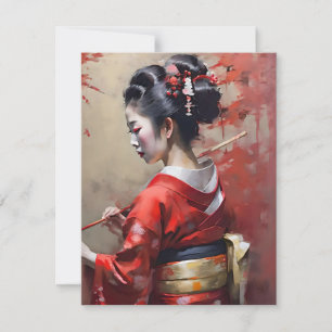 Cartão De Festividades Geisha Japonês em Vermelho A Retrato