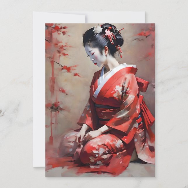 Cartão De Festividades Geisha Japonês no Retrato Vermelho B (Frente)