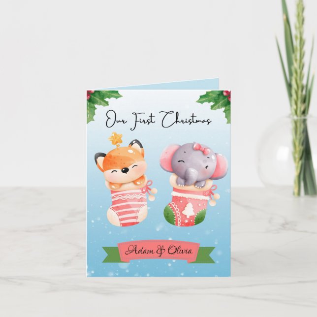 Cartão De Festividades Gêmeos no primeiro Natal (Frente)