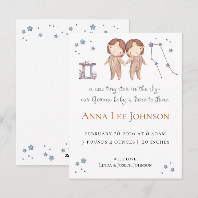 Cartão De Festividades Gemini Zodiac Birth Announcement (Frente/Verso)