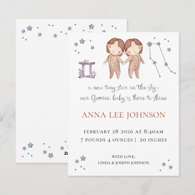 Cartão De Festividades Gemini Zodiac Birth Announcement (Frente/Verso)