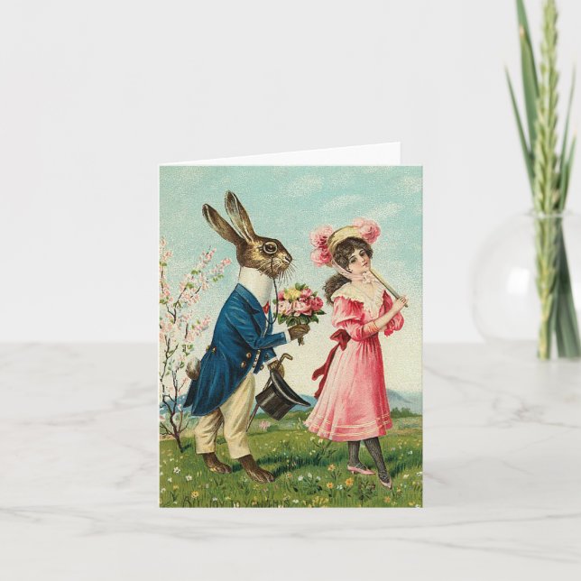 Cartão De Festividades Gentleman Rabbit Courting Lady at Easter (Frente)