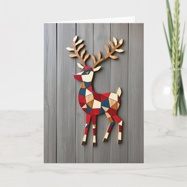 Cartão De Festividades Geometric Block Wooden Reindeer Christmas Card (Frente)