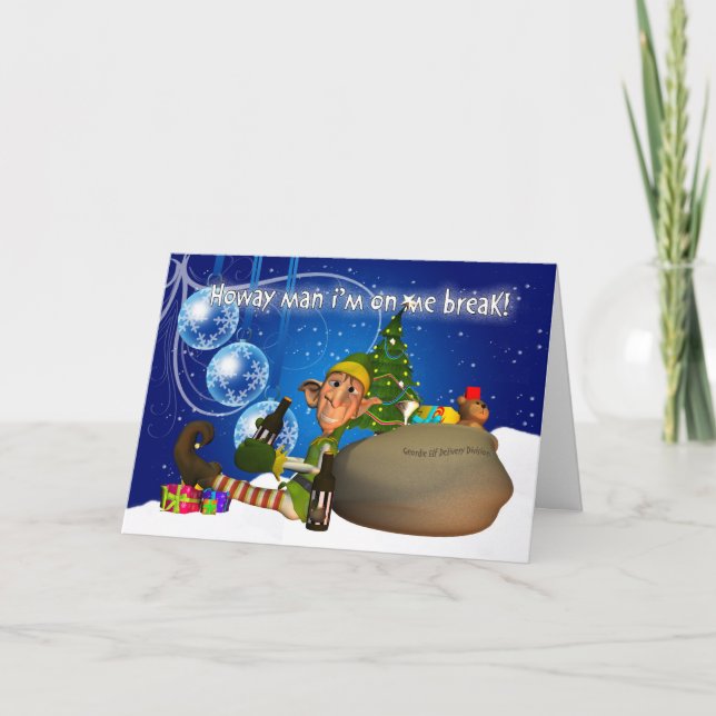 Cartão De Festividades Geordie Christmas Card Elf Drinking Newcie Brown (Frente)