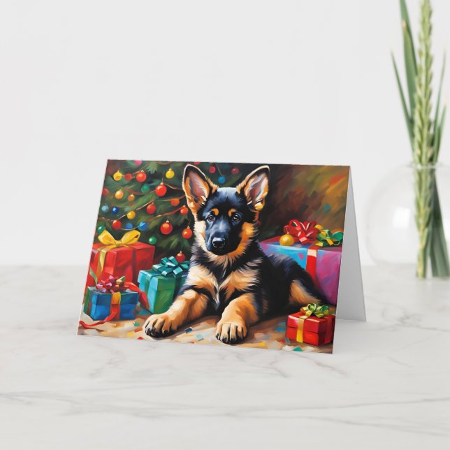 Cartão De Festividades German shepherd, Árvore de Natal, Apresenta (Frente)