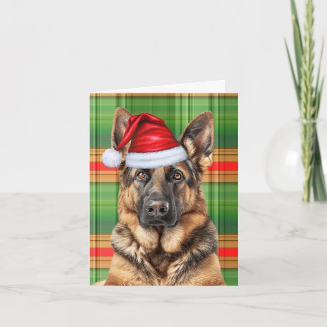 Cartão De Festividades German shepherd Cão Vermelho Xadrez Verde Natal (Frente)