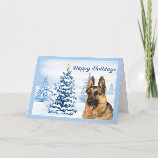 Cartão De Festividades German Shepherd Christmas Card Blue Tree (Frente)