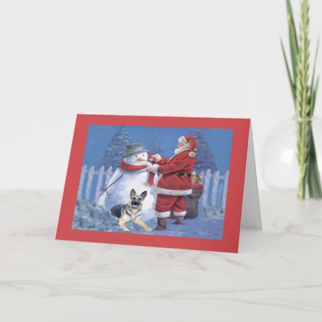 Cartão De Festividades German Shepherd Christmas Card Santa Snowman (Frente)