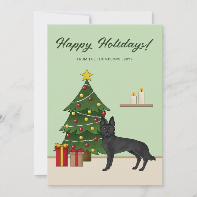 Cartão De Festividades German shepherd Preto E Árvore De Natal Festiva (Frente)
