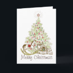 Cartão De Festividades Gifts and Christmas Tree Merry Christmas Cards<br><div class="desc">Christmas Tree and Present Drawing Merry Christmas Card This Christmas card with illustrations of a Christmas tree,  rocking horse,  teddy bear and presents is customizable.</div>