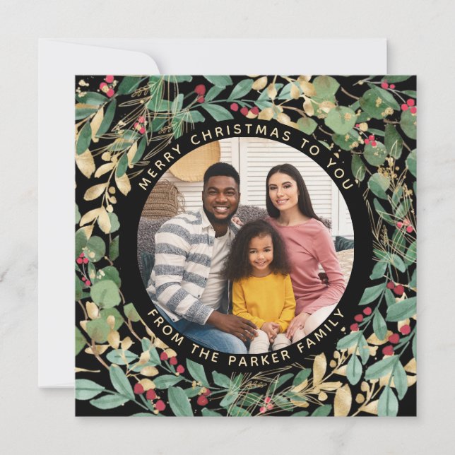 Cartão De Festividades Gilded Greenery Black | Wreath e Photo Christmas (Frente)