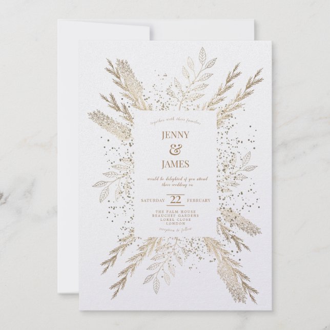 Cartão De Festividades Gilded Meadow White, novo convite. (Frente)