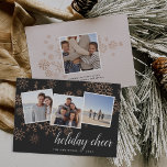 Cartão De Festividades Gilded Snow | Rose Gold Snowflake Photo Collage<br><div class="desc">Elegant and festive holiday photo card features three square photos in a collage layout, with a sprinkling of faux rose gold foil snowflakes on a rich charcoal grey background. "Holiday cheer" appears along the bottom in white calligraphy script lettering, with your names or family name and the year beneath. Customize...</div>
