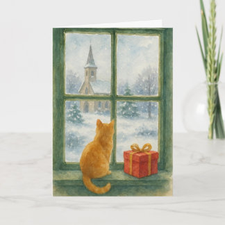 Cartão De Festividades Ginger Cat overlooking a winter's scene