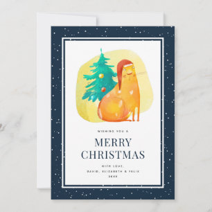 Cartão De Festividades Ginger Cat Tree Snow Blue Merry Christmas Card