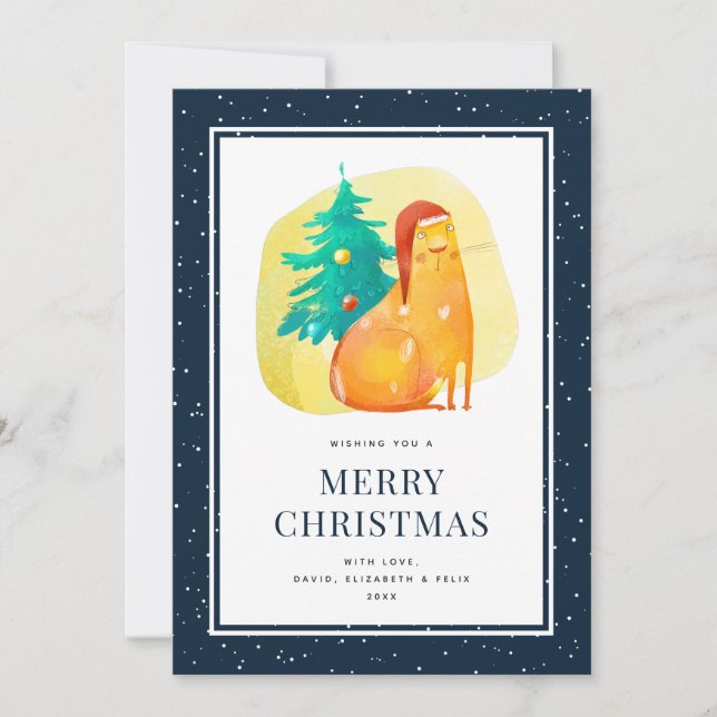 Cartão De Festividades Ginger Cat Tree Snow Blue Merry Christmas Card (Frente)