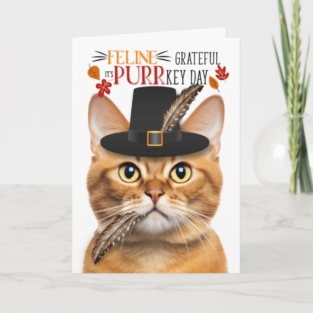 Cartão De Festividades Ginger Tabby Cat Grateful para PURRkey Day (Frente)