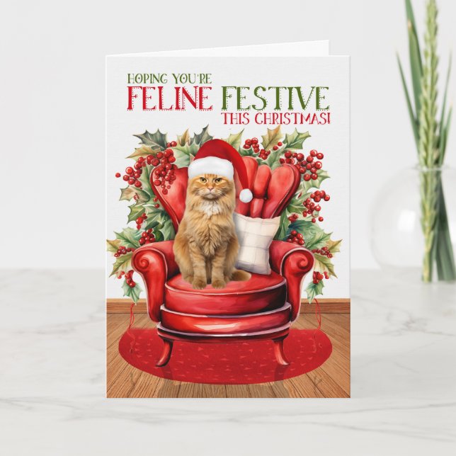 Cartão De Festividades Ginger Tabby Christmas Cat FELINE Festivo (Frente)