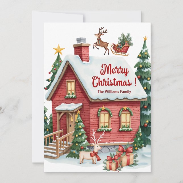 Cartão De Festividades Gingercake House Reindeer Fir Trees (Frente)