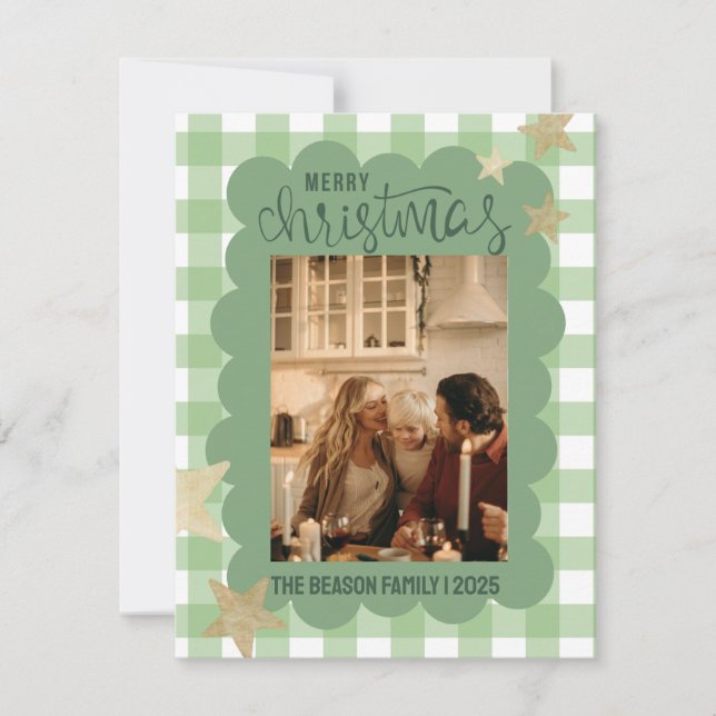 Cartão De Festividades Gingham Scallop Green Photo Christmas (Frente)