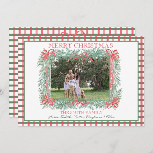 Cartão De Festividades Gingham Verde da Faixa Vermelha de Natal (Frente/Verso)
