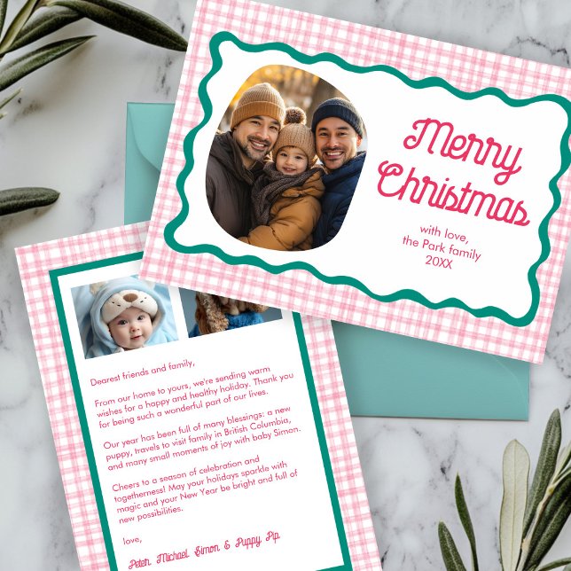 Cartão De Festividades Gingham Wavy Pink Green Christmas Personalizado 3 (Gingham Wavy Pink Green Christmas Custom 3 Photo Holiday Card
)