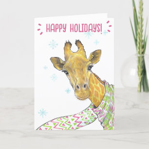 Cartão De Festividades Girafa com cachecol de Natal Arte animal divertida