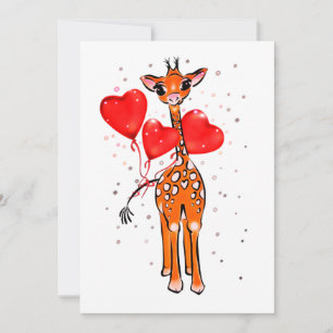 Cartão De Festividades Girafa fofa de valentine com balões em forma de co